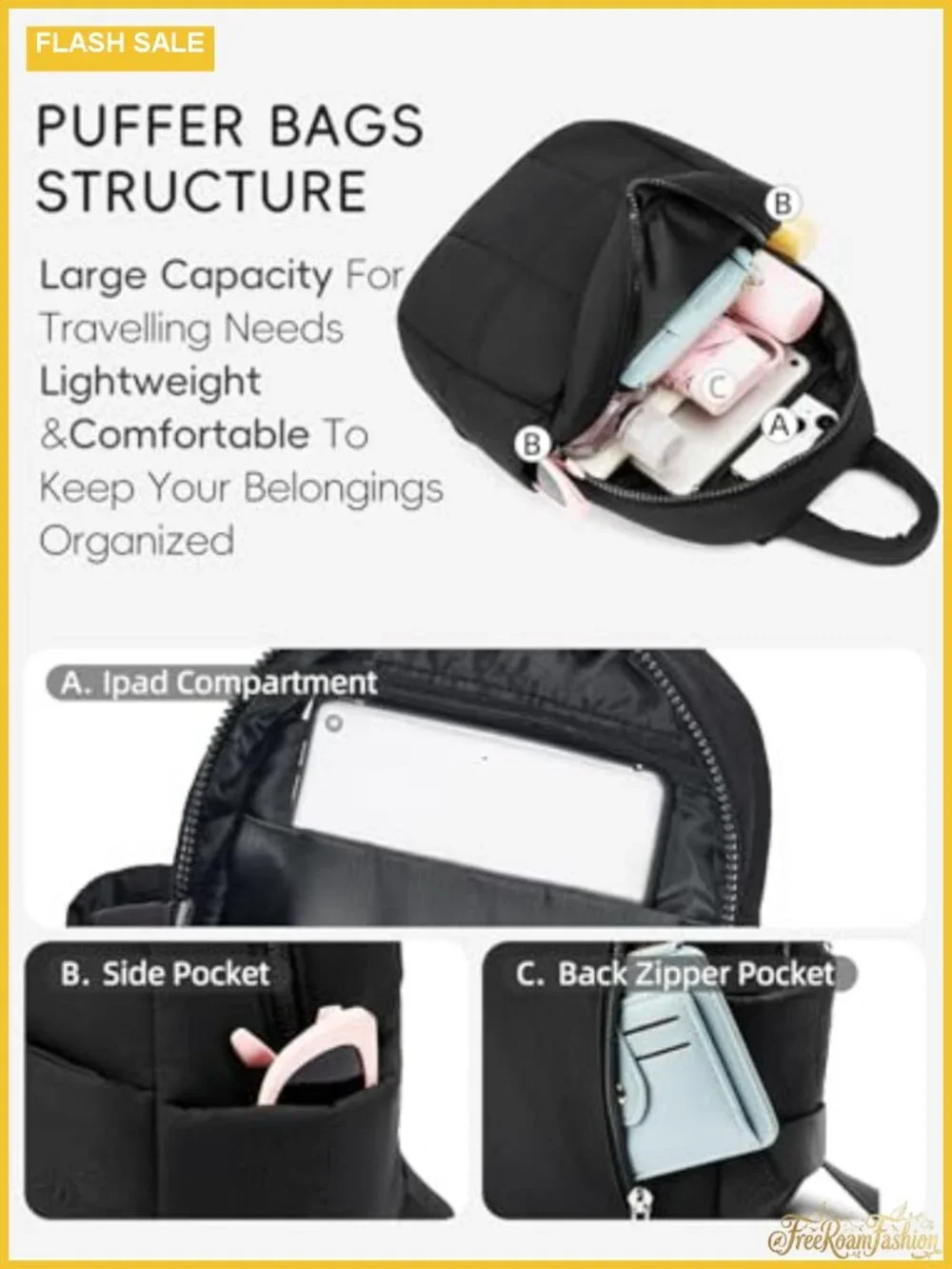 Mini Puffer Backpack for Women, Lightweight Nylon Travel Daypack with iPad